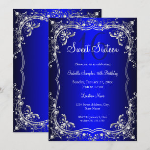 Convite Festa de Damasco Pérola Prata Azul Real Sweet 16