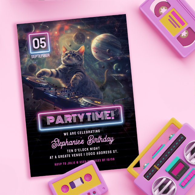 Convite Festa de dança de DJ Cat Time (Groovy up with our quirky and fun cat DJ dance party invitation!)