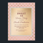 Convite Festa de dança Dourada Tiara Sweet 16, Rosa Esbran<br><div class="desc">Elegante e chic,  cor-de-rosa-pincel decorativo e tiaras-de-ouro / coroinhas Doce 16 convite de festas de dança para meninas.</div>