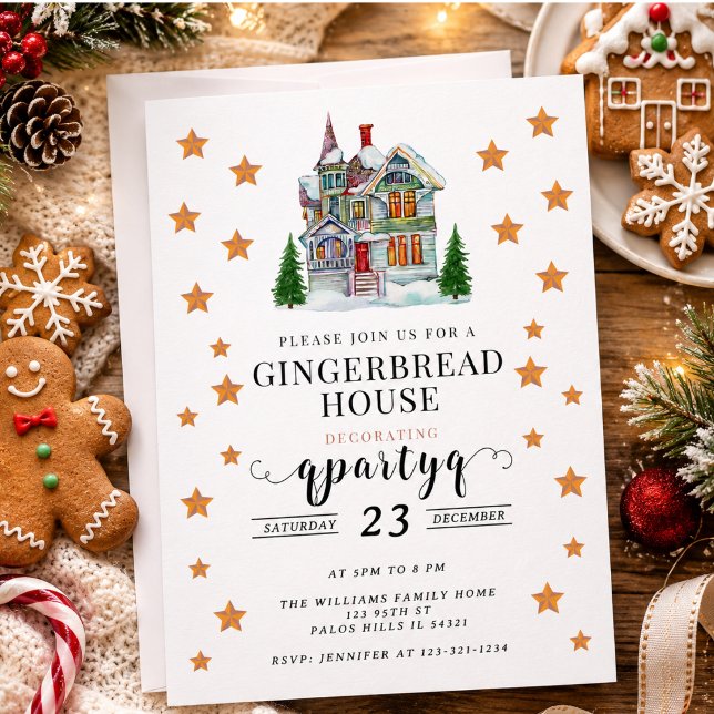 Convite Festa de Decoração de Biscoitos de Natal (Festive Christmas Gingerbread Decorating Party Invitation)