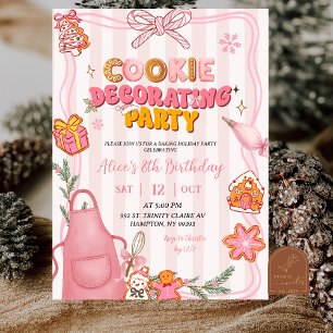 Convite Festa de Decoração de Biscoitos Fofo com Laço Rosa