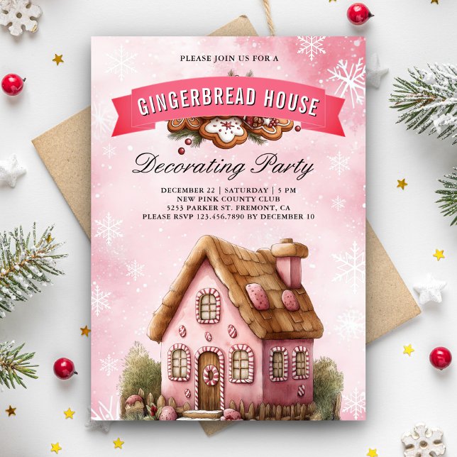 Convite Festa de Decoração de Casa de Gingerbread Rosa Nat (Criador carregado)