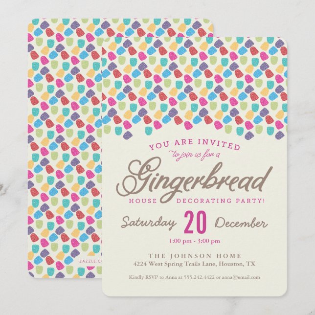 Convite Festa de Decoração de Gomas e Pão de Gengibre (Frente/Verso)