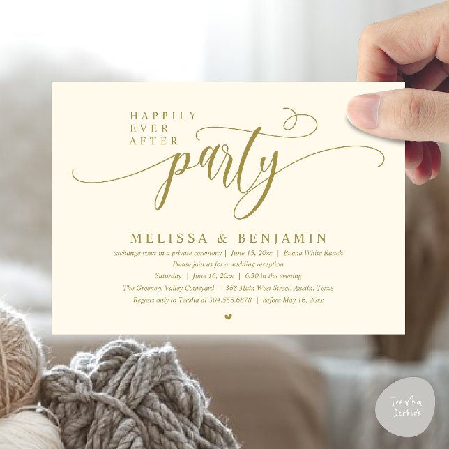 Convite Festa de Depois dos Felizes para Sempre, Recepção  (Happily Ever After Party, Reception Modern Minimal Invitation Card in Yellow Gold)