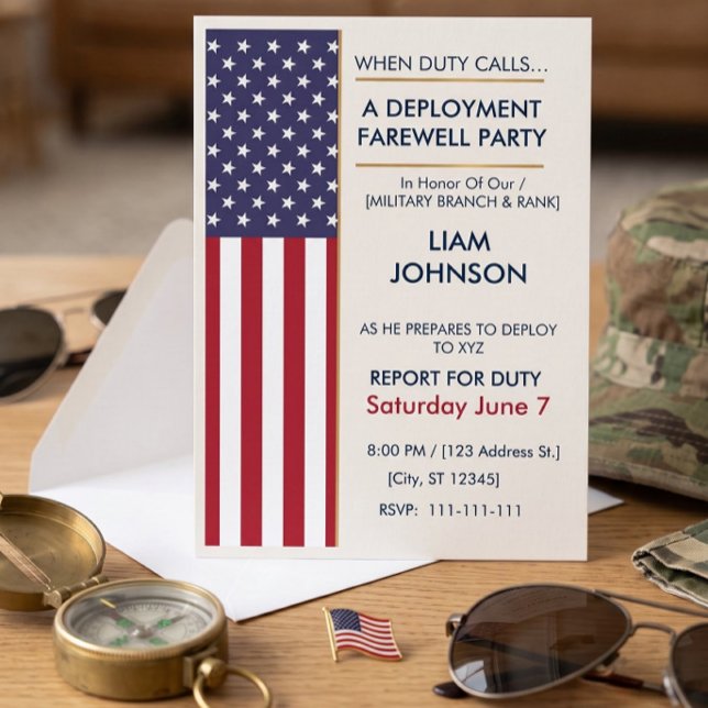 Convite Festa de Despedida de Implantação de Bandeira Mode (Modern Military US Flag Deployment Farewell Party Invitation)