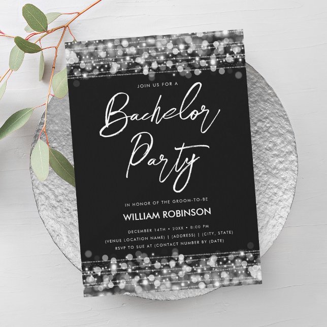 Convite Festa de Despedida de Solas Elegante (Elegant Silver String Lights Bachelor Party Invitation)