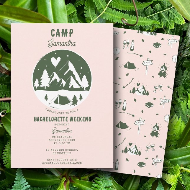 Convite Festa de Despedida de Solteira Acampamento Fim de  (Camp Bachelorette Party Camping Bach Weekend Pink Invitation)