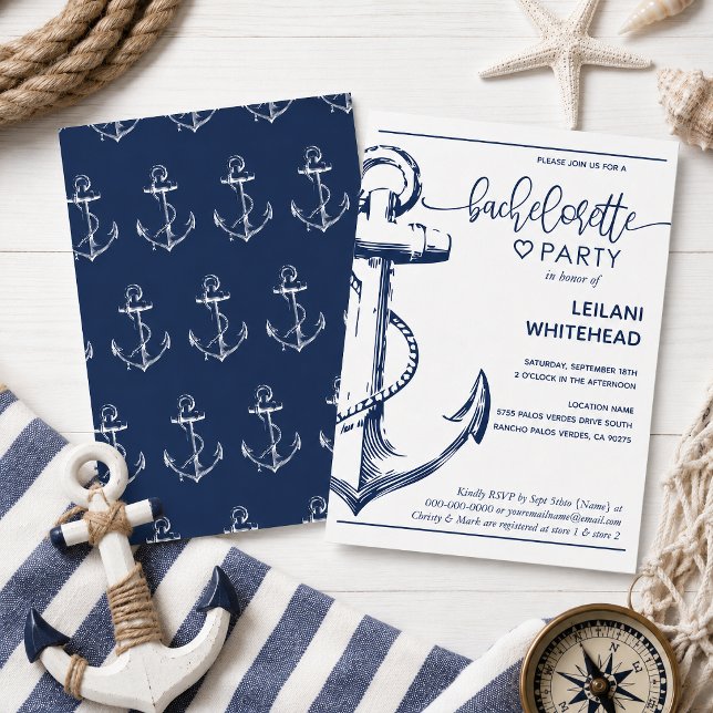 Convite Festa de Despedida de Solteira Âncora Marinha Bran (Celebrate the bride-to-be with this nautical-inspired bachelorette party invitation.)