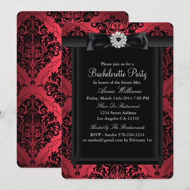 Convite Festa de Despedida de Solteira Chic Damask Vermelh (Frente/Verso)