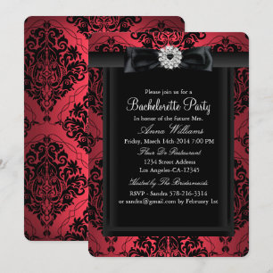 Convite Festa de Despedida de Solteira Chic Damask Vermelh