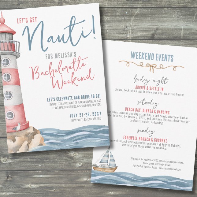 Convite Festa de Despedida de Solteira de Verão Náutico (Let's Get Nauti Beach Nautical Bachelorette Party Invitation)