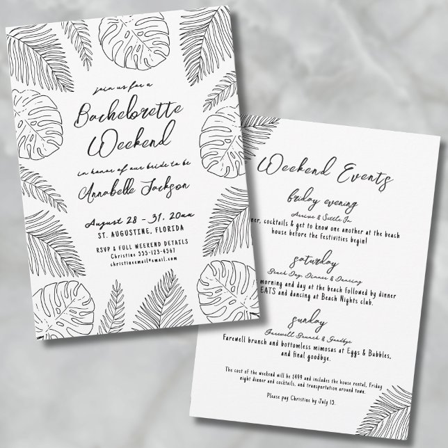 Convite Festa de Despedida de Solteira Elegante na Praia T (Tropical Hand Drawn Beach Bachelorette Party Invitation)