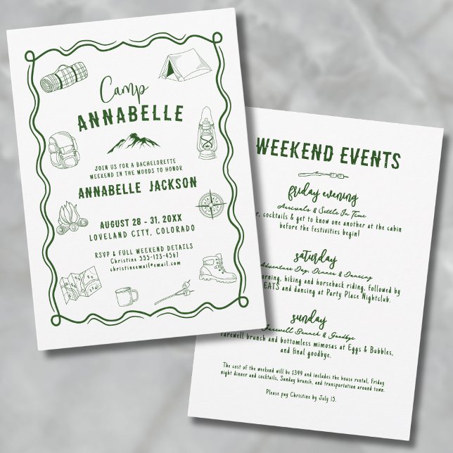 Convite Festa de Despedida de Solteira em Acampamento de A (Outdoor Adventure Camp Bachelorette Party Invitation)