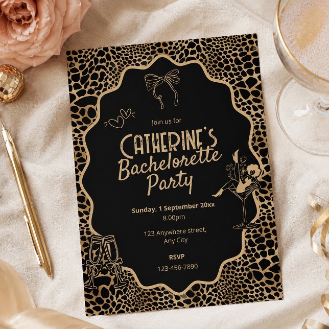 Convite Festa de Despedida de Solteira Glam Preta e Dourad (Glam Black & Gold Leopard Print Bachelorette Party Invitation)