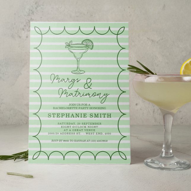 Convite Festa de Despedida de Solteira Green Margs e Matri (Set the tone for a lively pre-wedding celebration with this mint green “Margs & Matrimony” invite)