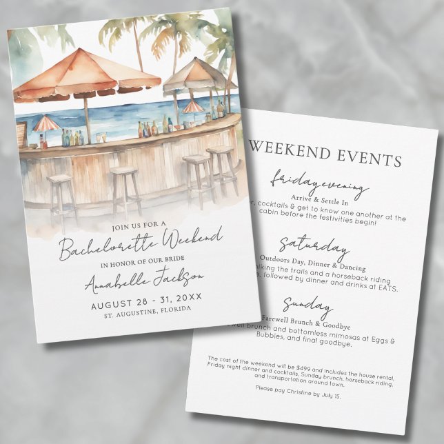 Convite Festa de Despedida de Solteira Watercolor Beach (Girls Weekend Watercolor Beach Bachelorette Party Invitation)