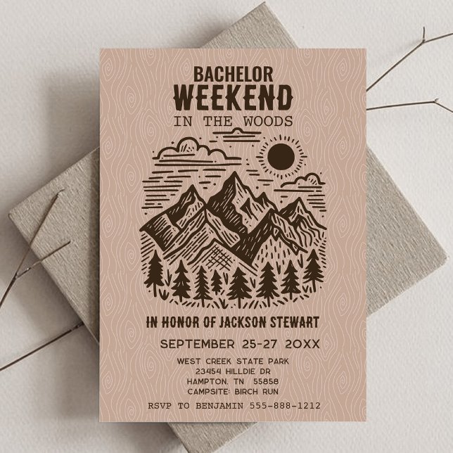 Convite Festa de Despedida de Solteiro ao Ar Livre (Camping Bachelor Party Invitation with Modern Mountains)