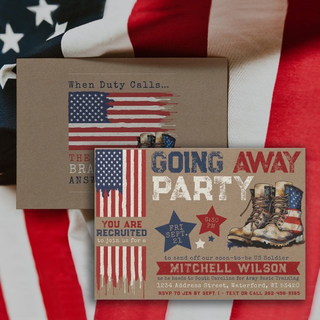 Convite Festa de Despedida Festa de Despedida Militar Band (Military Soldier Army Going Away Party Invitation, Patriotic Farewell, USA Flag, Rustic, star, boots)
