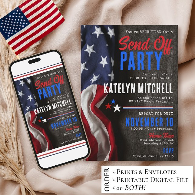 Convite Festa de Despedida Militar Rústica Patriótica com  (Printable patriotic US flag military send-off going away farewell party invitation digital download)