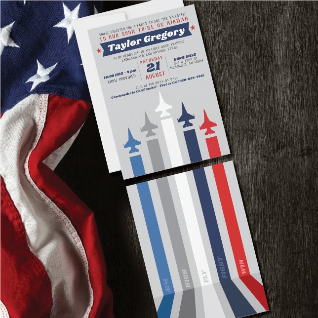 Convite Festa de Despedida Treinamento Básico da Força Aér (Going Away, Farewell Party Invitation, Air Force Jet Plane, front & back, stripes, aim high, fly win)