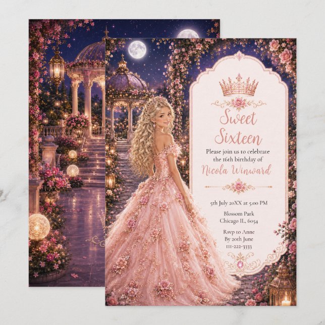 Convite Festa de Dezesseis Anos com Rosa Bege ao Luar (Frente/Verso)