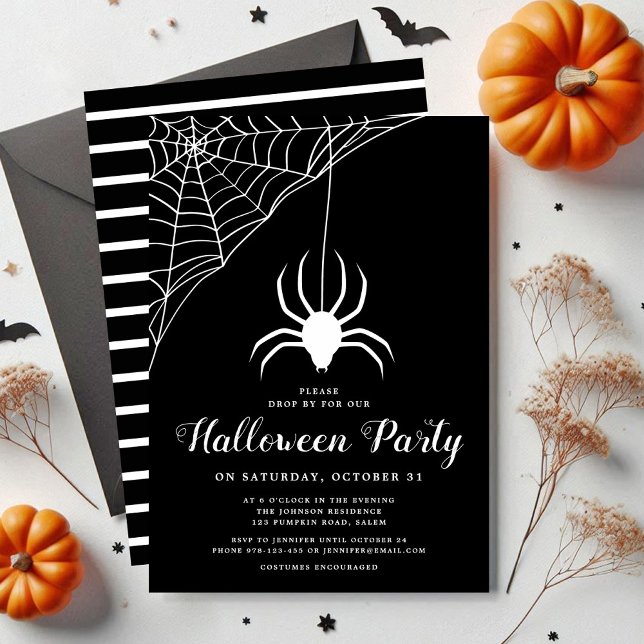 Convite Festa de Dia das Bruxas Branca, Preta e Branca (Cute Spider Black And White Halloween Party Invitation)