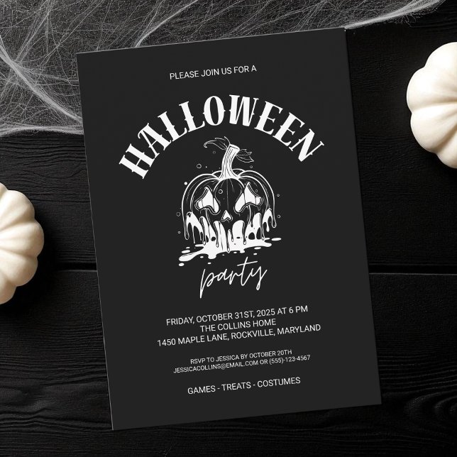 Convite Festa de Dia das Bruxas de Adultos de Abóbora Pret (Black and White Pumpkin Adult Halloween Party Invitation)
