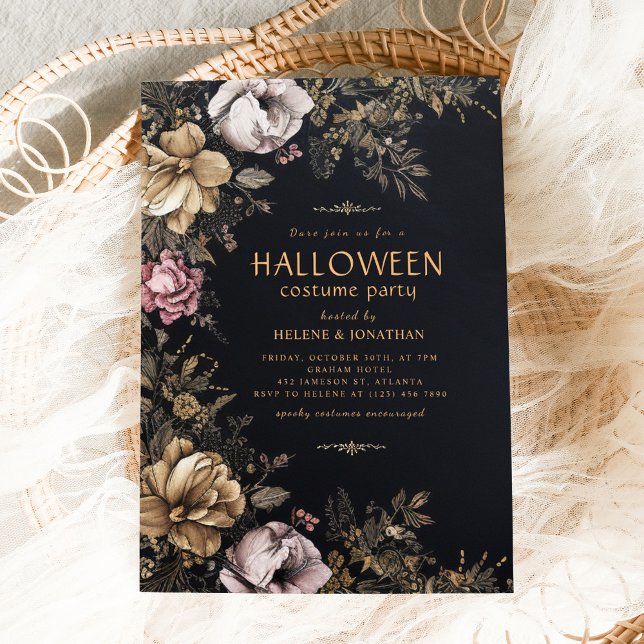 Convite Festa de Dia das Bruxas de Adultos Florais Góticos (Gothic Dark Floral Adult Halloween Party Invitation)