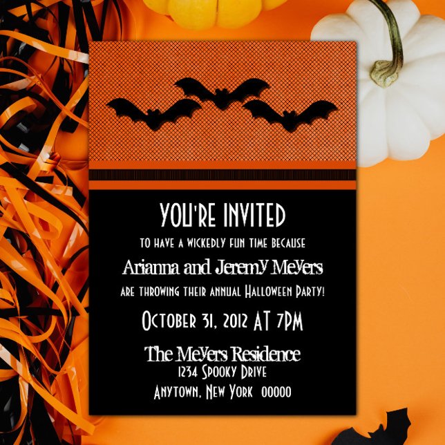 Convite Festa de Dia das Bruxas de Bats Cerrante, Laranja (Creepy Bats Halloween Party Invite - Orange)