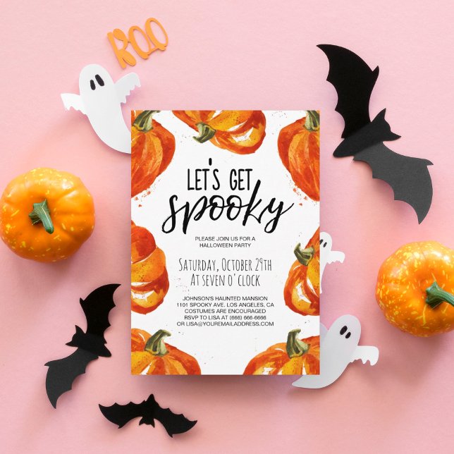 Convite Festa de Dia das Bruxas de Bombeiros Spooky (Let's get spooky typography watercolor orange pumpkin border party invitation.)