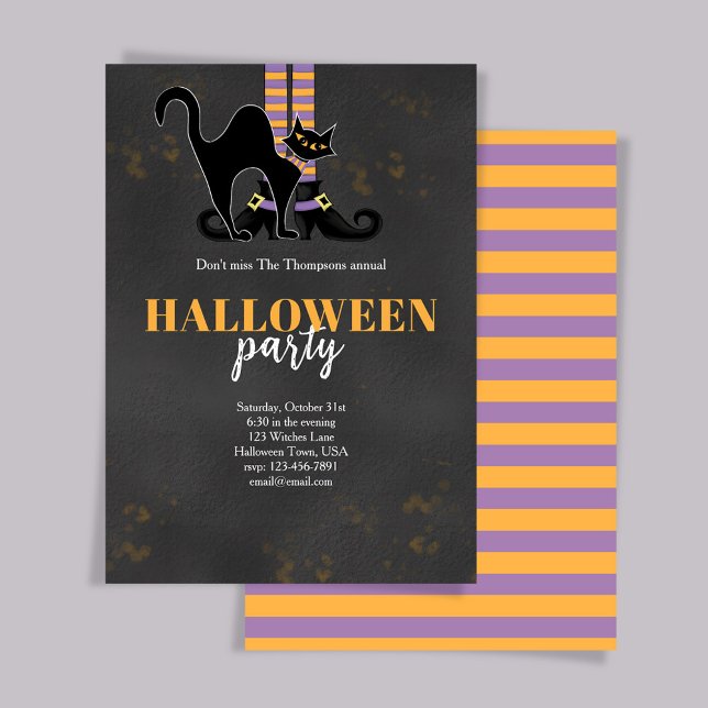 Convite Festa de Dia das Bruxas de Gato Negro Negro Negro  (Halloween Party witch and black cat invitation.)