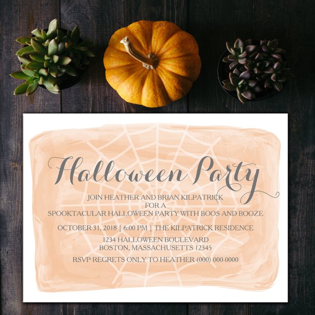 Convite Festa de Dia das Bruxas na Web de Aranha Laranja (Orange Watercolor Spiderweb Halloween Party Invite)