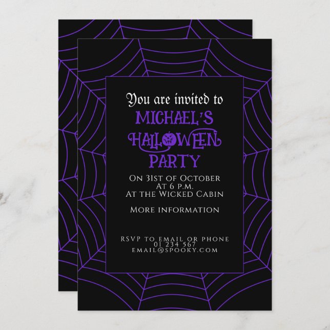 Convite Festa de Dia das Bruxas Preta, Púrpura e Púrpura (Frente/Verso)