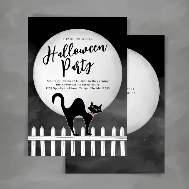 Convite Festa de Dia das Bruxas Preta Spooky (Halloween party black cat custom party invitations.)