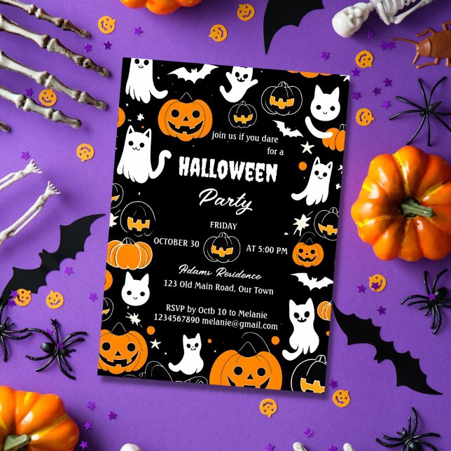 Convite Festa de Dia das Bruxas retro gatos fantasmas abób (Groovy Halloween party jack o lanterns ghosts cats black template invitation instant download)