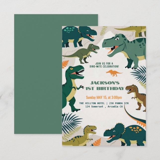Convite Festa de Dino Colorida Bonita | Primeiro aniversar (Frente/Verso)