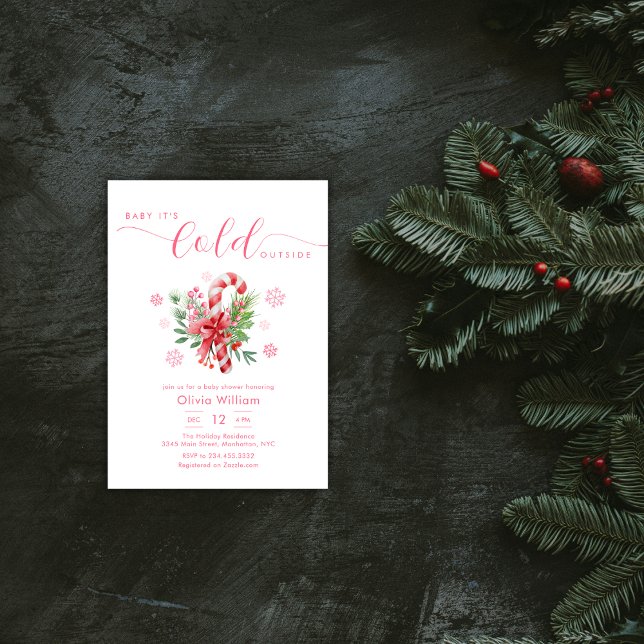 Convite Festa de Doces de Natal Floco de Neve de Inverno C (Winter Snowflake Festive Candy Cane Baby Shower Invitation)