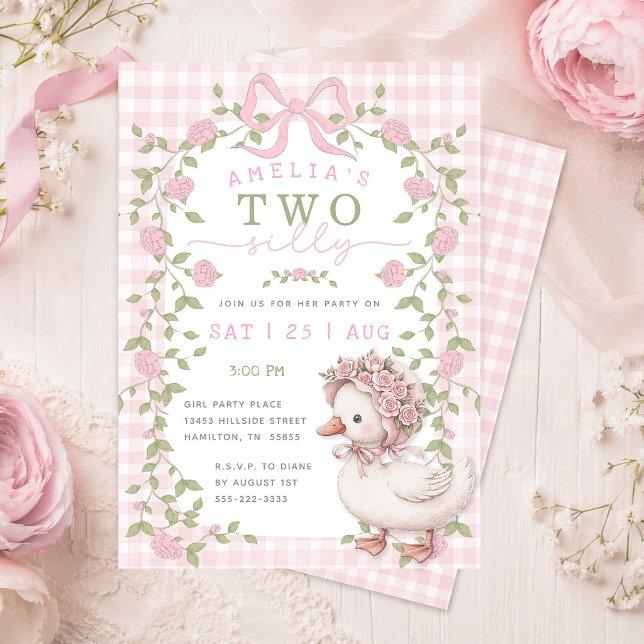 Convite Festa de Dois Anos do Two Silly Goose com Xadrez R (Two Silly Goose Pink Gingham Second Birthday Party Invitation)