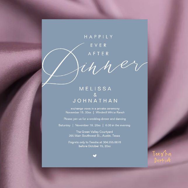 Convite Festa de Elopement de Casamento Jantar Felizes par (Happily Ever After Dinner Wedding Elopement Party Invitation Card in Dusty Blue)