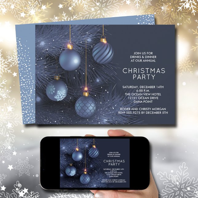 Convite Festa de Enfeites de natal Azuis (Blue Christmas Tree and Ornaments Holiday Party Invitations)