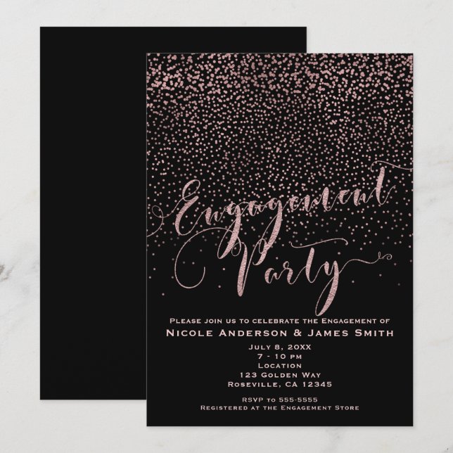 Convite Festa de ENGAGEMENT Shower Rosa Negra Dourada Conf (Frente/Verso)
