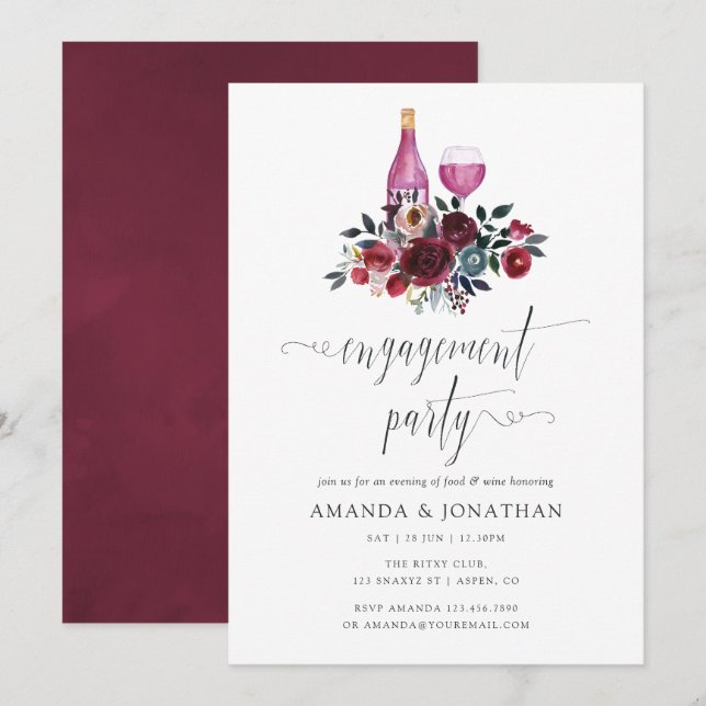 Convite Festa de Engajamento Boho Burgundy & Navy Degustaç (Frente/Verso)