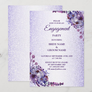 Convite Festa de Engajamento com Brilho Floral Roxo Azul R