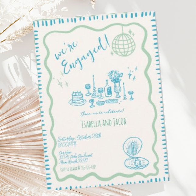 Convite Festa de Engajamento de Onda Quirky Drawn (Criador carregado)