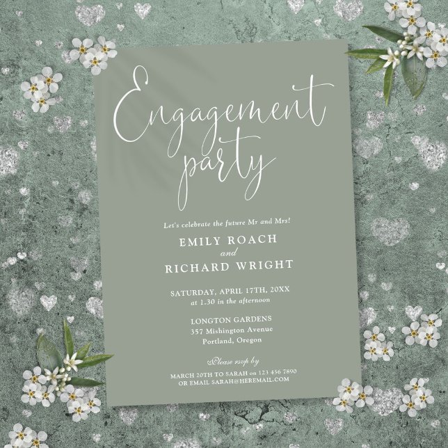 Convite Festa de Engajamento Elegante em Verde Sálvia com  (Sage Green Elegant Script Engagement Party Invitation)