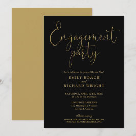 Convite Festa de Engajamento Elegante Preto e Dourado com 