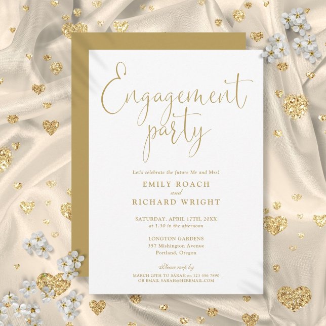 Convite Festa de Engajamento Elegante Roteiro Dourado (Elegant Gold Script Engagement Party Invitation)