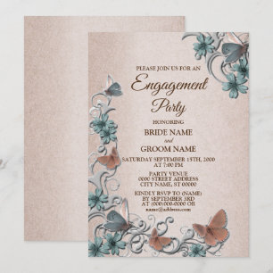 Convite Festa de Engajamento Floral Borboleta Bege Prata T