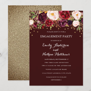 Convite Festa de Engajamento Floral Confete Dourado Borgon