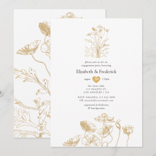 Convite Festa de Engajamento Floral Dourado Chic (Frente/Verso)